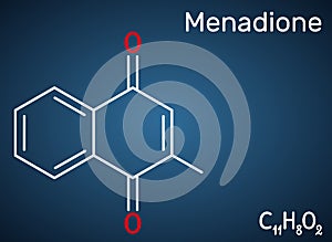 Menadione, menaphthone, provitamin molecule. It is called vitamin K3.  Structural chemical formula on the dark blue background