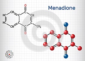 Menadione, menaphthone, provitamin molecule. It is called vitamin K3.  Structural chemical formula and molecule model. Sheet of