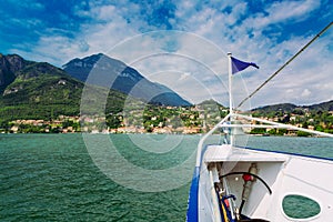 Menaggio town seen from ferry on the Lake Como, Lombardy region, Italy