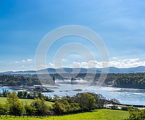 Menai Bridge and mist over the Menai straits