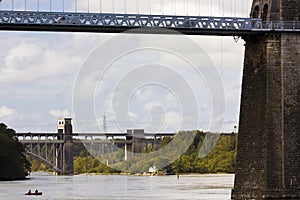 The Menai Bridges including Britannia, Menai Suspension spanning the Menai Strait, Anglesey, North Wales