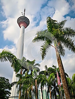 Menara Kuala Lumpur with palm trees in the foreground