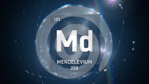 Mendelevium as Element 101 of the Periodic Table 3D illustration on blue background