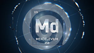 Mendelevium as Element 101 of the Periodic Table 3D illustration on blue background