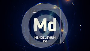 Mendelevium as Element 101 of the Periodic Table 3D illustration on blue background