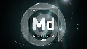 Mendelevium as Element 101 of the Periodic Table 3D illustration on green background