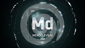 Mendelevium as Element 101 of the Periodic Table 3D illustration on green background