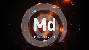 Mendelevium as Element 101 of the Periodic Table 3D illustration on orange background
