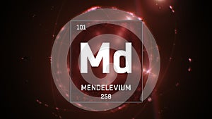 Mendelevium as Element 101 of the Periodic Table 3D illustration on red background