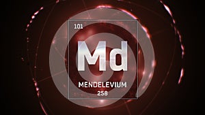 Mendelevium as Element 101 of the Periodic Table 3D illustration on red background