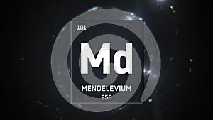 Mendelevium as Element 101 of the Periodic Table 3D illustration on silver background