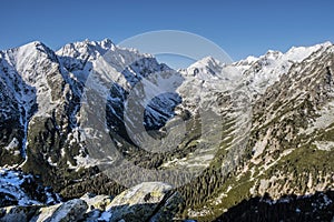 Mengusovská dolina a štíty z horského sedla pod Ostrvou, Vysoké Tatry, Slovensko