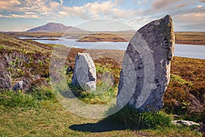 Menhirs from the chromelech stone circle of Pobull Fhinn, above Loch Langass, Isle of Harris, in the outer Hebrides, Scotland