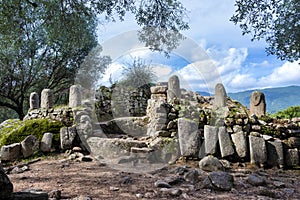 Menhirs with a human face carved on the megalithic site of Filitosai,Corsica, France