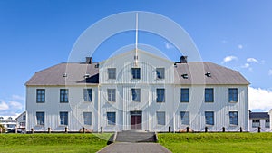 Menntaskolinn (MR, Reykjavik Junior College) high school building in Reykjavik, Iceland, symmetrical view