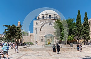 Menorah in the background of the synagogue Hurva of Jerusalem