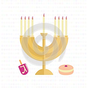 Menorah with candles, a dreidel and a bun with jam.