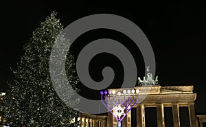Menorah and Christmas Tree in Pariser Platz, Berlin, Germany