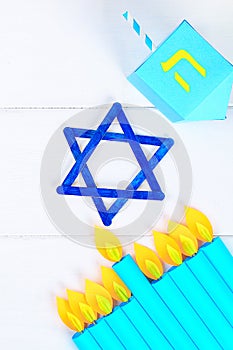 Menorah, dreidel, sevivon, the star of David. DIY for a child. Celebration of Chanukah