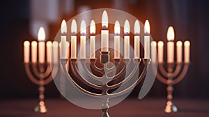 A menorah with five candles lit on a table, AI