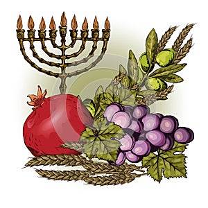 Menorah with fruit. Pomegranate, olive branch, grapes, wheat