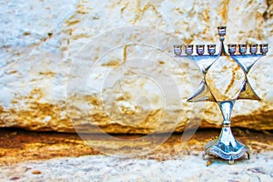 Menorah of Hanukkah. Jewish candlestick Menorah in style Jewish star and toys Dreidels