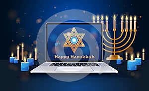 menorah icon happy hanukkah judaism religious holidays hebrew celebration banner candelabrum with candles and david star