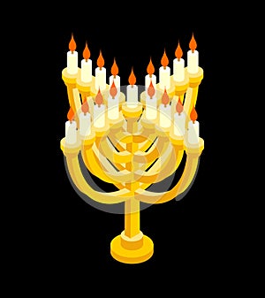 Menorah isometry for Jewish holiday. Traditional religious candelabrum. Israel is celebration. Vector illustration