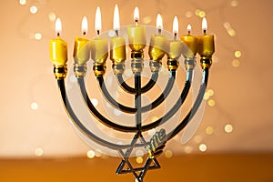 A menorah with nine lit candles photo
