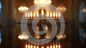 A Menorah with Nine Lit Candles on a Dark Table