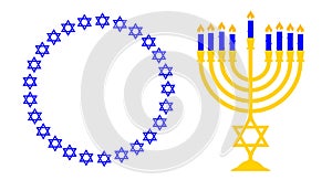 Menorah and a round frame of the Stars of David. Jewish symbols.. Flat vector illustration