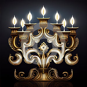 Menorah with seven burning candles.