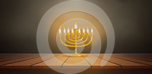 Menorah on Table with Lit Candles