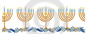 Menorahs seamless border vector. Hanukkah repeating pattern horizontal blue gold yellow Jewish holiday candle holder and