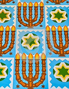 The menorah and Star of David patterns are the decorations of the Eastern Wall in Kazinczy Street Synagogue in Budapest, Hungary