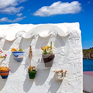 Menorca Es Grau white house flower pots detail in Balearic