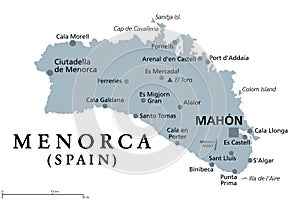 Menorca, or Minorca, gray political map, with the capital Mahon