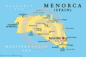 Menorca, or Minorca, political map, with the capital Mahon photo