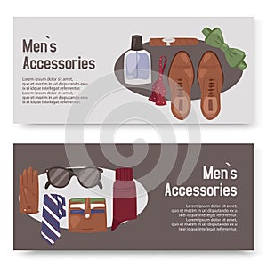 Mens accessories outfits set of banners vector illustration. Clothing essentials shoes, gloves, tie, bow. Every day
