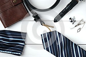 Mens accessories - wallet, belt, cufflinks, watch, tie clip, handkerchief