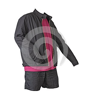 mens bomber jacket, t-shirt and sports shorts  on white background