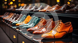 Mens fashion leather shoes on shop window. Concept of diversity, high quality, elegance, honest business relationship