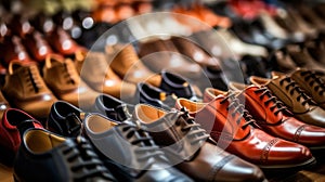 Mens fashion leather shoes on shop window. Concept of diversity, high quality, elegance, honest business relationship