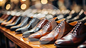 Mens fashion leather shoes on shop window. Concept of diversity, high quality, elegance, honest business relationship