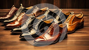 Mens fashion leather shoes on shop window. Concept of diversity, high quality, elegance, honest business relationship