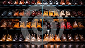 Mens fashion leather shoes on shop window. Concept of diversity, high quality, elegance, honest business relationship