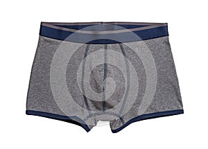 Mens gray boxers isolated on a white background. Male tight underwear of cotton with elastane cutout. New grey boxer briefs. New