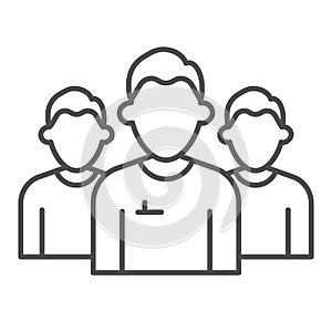 Mens group thin line icon. Three men in uniform, office workers team symbol, outline style pictogram on white background
