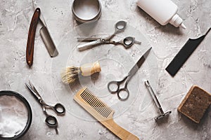 Mens hairdressing desktop with tools top view