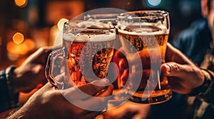 Mens hands clink beer glasses against a bar counter backdrop